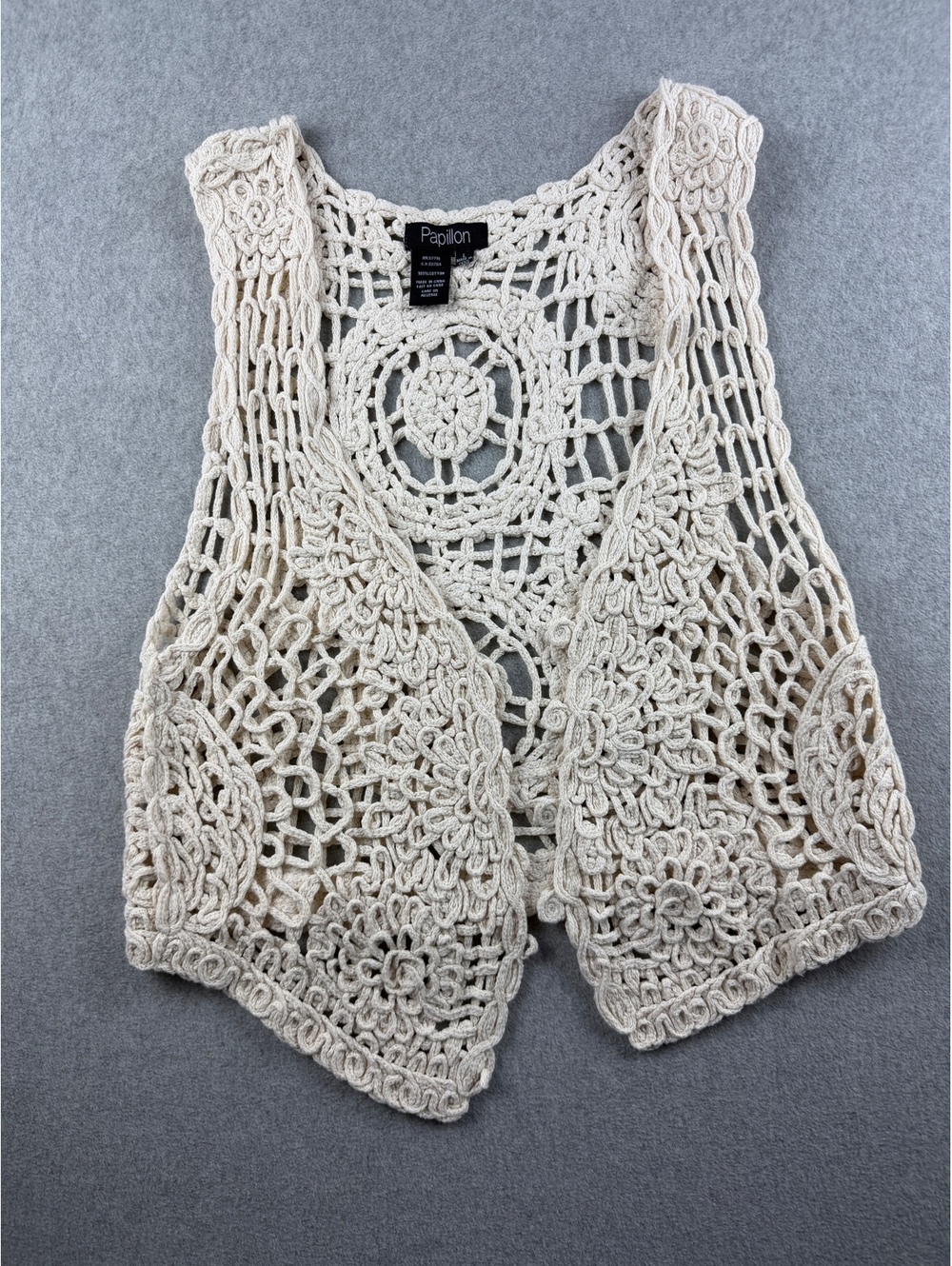 Papillon Crochet Vest L Ivory Floral Open Front Boho Festival Cotton